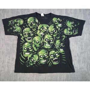 Vintage 2001 Liquid Blue TAG Green Skulls Graphic Shirt AOP 2XL